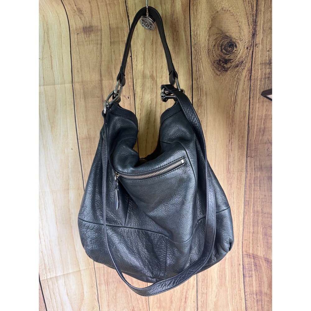 B. Makowsky Black Pebbled Leather Hobo Shoulder Bag Crossbody Silver Hardware